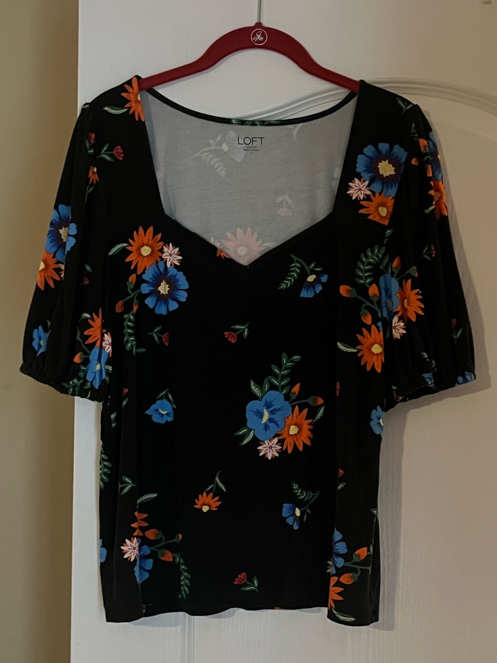 LOFT Black Floral V-Neck Top with Blue & Orange Blooms